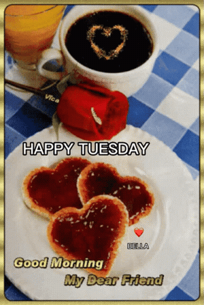 A Happy Tuesday Greeting With A Heart Shaped Cookie On A Plate GIF