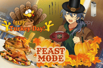 A Happy Turkey Day Feast Mode Poster With A Man In A Pilgrim Hat Holding An Nfl Football GIF