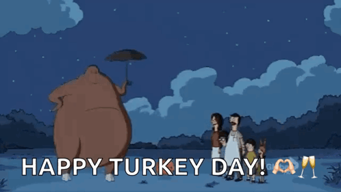 A Happy Turkey Day Greeting Card With A Cartoon Of A Group Of People Flying Around A Turkey GIF