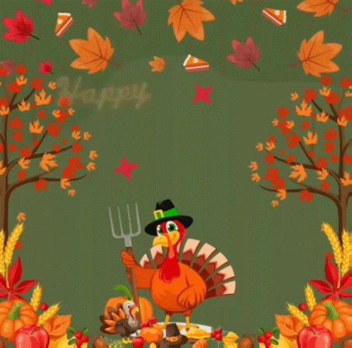 A Happy Turkey Day Greeting Card With A Turkey Holding A Fork And A Pilgrim Hat GIF