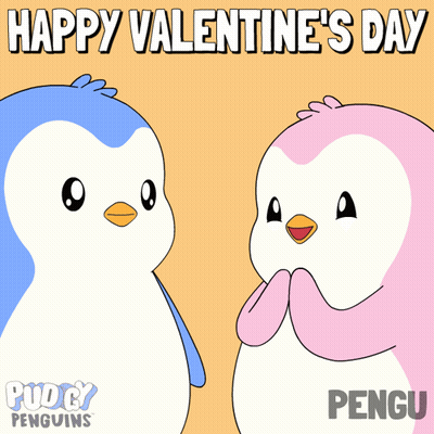 A Happy Valentine 'S Day Card With Two Penguins Holding A Rose GIF