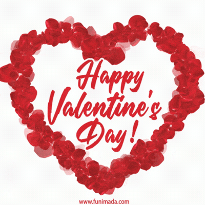 A Happy Valentine 'S Day Greeting Card With A Heart Made Of Red Hearts GIF