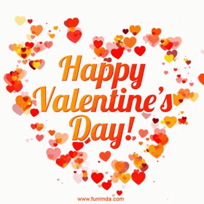 A Happy Valentine 'S Day Greeting Card With Red Hearts Around It GIF