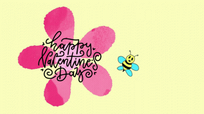 A Happy Valentine 'S Day Greeting With A Pink Flower And A Bee GIF