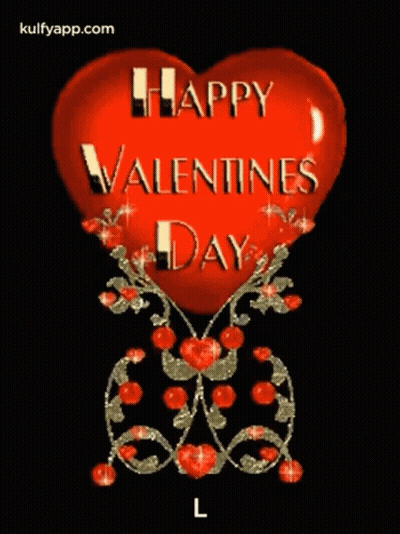 A Happy Valentine 'S Day Greeting With A Red Heart On A Black Background GIF