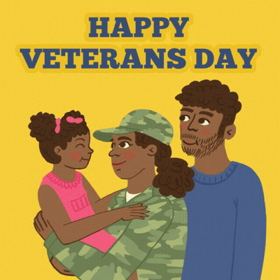 A Happy Veterans Day Greeting Card With A Man And Woman Holding A Child GIF