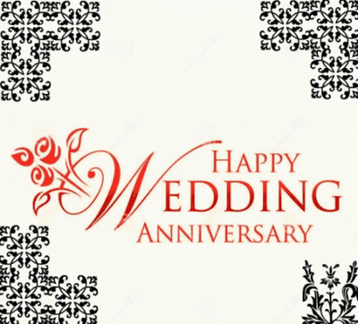 A Happy Wedding Anniversary Greeting Card With A Black And Red Floral Design GIF