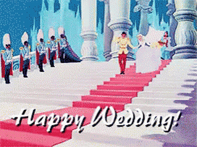 A Happy Wedding Card With Cinderella And Prince Charming On The Stairs GIF