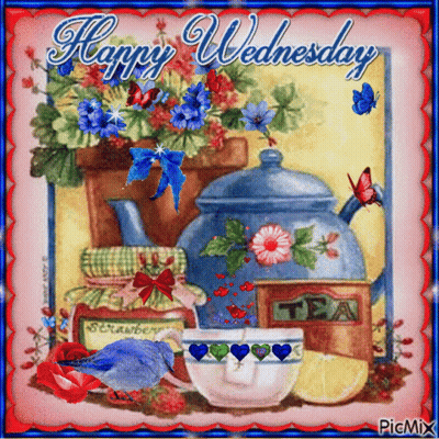 A Happy Wednesday Card With A Teapot A Cup Of Tea And Flowers GIF