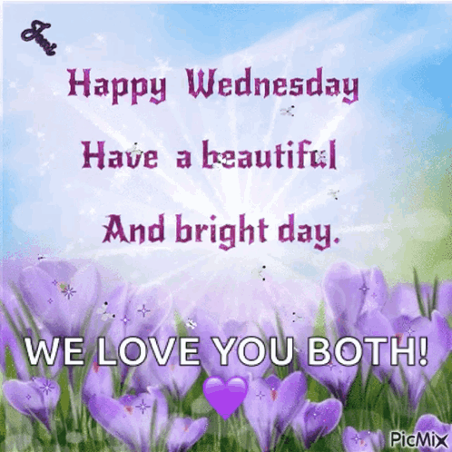 A Happy Wednesday Card With Purple Flowers And The Words " We Love You Both " GIF