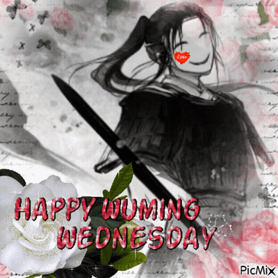 A Happy Wednesday Greeting Card With A Drawing Of A Woman Holding A Knife GIF