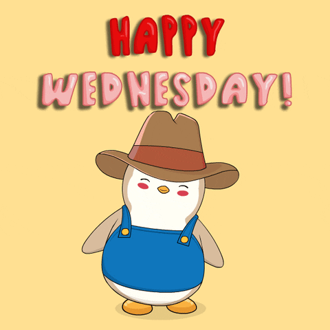 A Happy Wednesday Greeting Card With A Penguin Wearing A Cowboy Hat And Overalls GIF