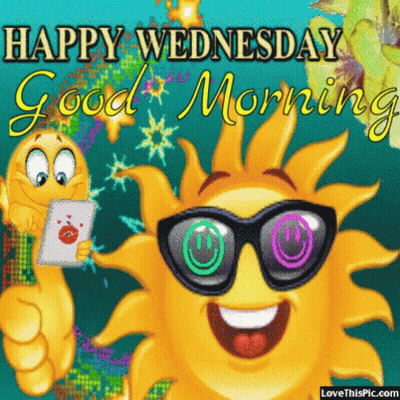 A Happy Wednesday Greeting Card With A Smiling Sun Wearing Sunglasses GIF
