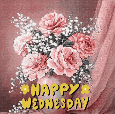 A Happy Wednesday Greeting Card With A Vase Of Pink Roses GIF
