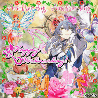 A Happy Wednesday Greeting Card With Flowers And A Boy GIF