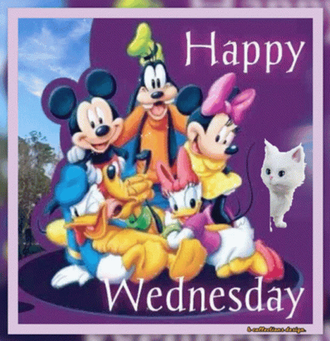 A Happy Wednesday Greeting Card With Mickey Mouse Minnie Mouse And Goofy GIF