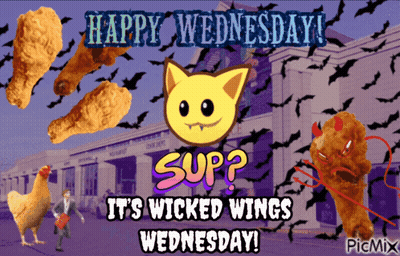 A Happy Wednesday Poster With Chicken Wings And A Cat GIF