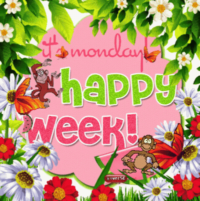 A Happy Week Greeting Card With A Monkey And Flowers GIF