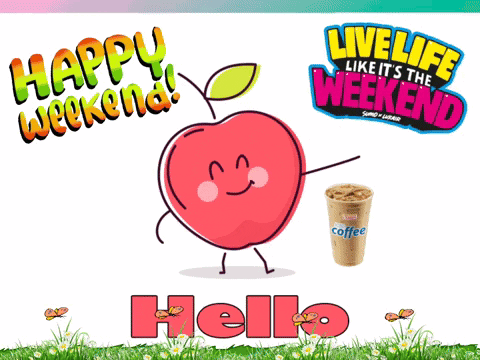 A Happy Weekend Greeting Card With A Red Apple And A Cup Of Coffee GIF