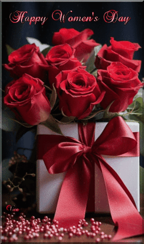 A Happy Women 'S Day Card With Red Roses GIF
