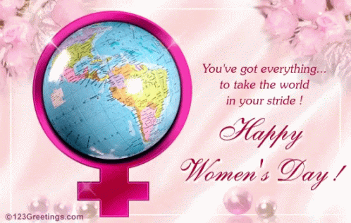 A Happy Women 'S Day Greeting Card With A Globe In The Middle GIF