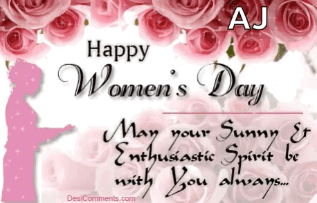 A Happy Women 'S Day Greeting Card With A Silhouette Of A Woman And Pink Roses GIF
