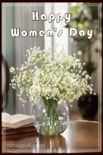 A Happy Women 'S Day Greeting Card With A Vase Of Flowers On A Table GIF