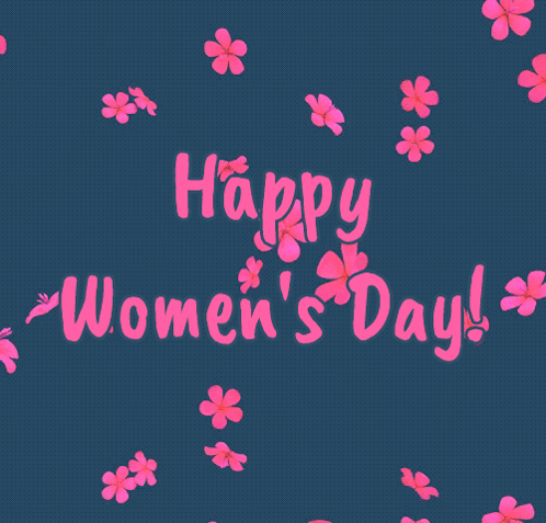 A Happy Women 'S Day Greeting Card With Pink Flowers On A Dark Blue Background GIF