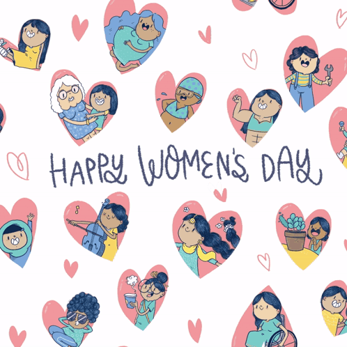 A Happy Women 'S Day Greeting Card With Pink Hearts GIF