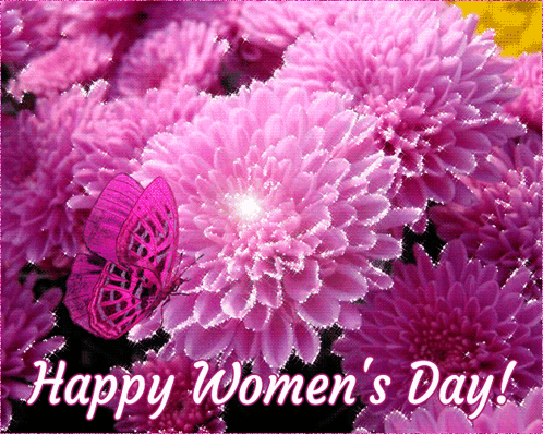 A Happy Women 'S Day Greeting Card With Purple Flowers And A Butterfly GIF