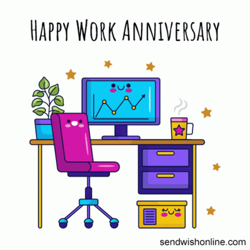 A Happy Work Anniversary Greeting Card With A Desk With A Computer On It GIF