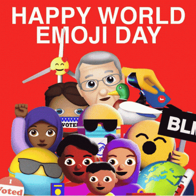 A Happy World Emoji Day Poster With A Bunch Of Emojis On A Red Background GIF