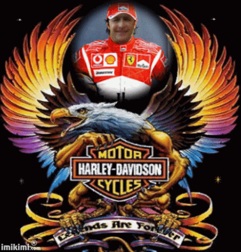 A Harley Davidson Logo With A Man In A Ferrari Uniform Behind It GIF