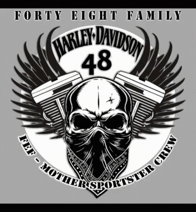 A Harley Davidson Logo With A Skull Wearing A Bandana And The Number 48 GIF