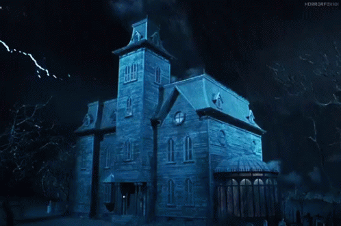 A Haunted House With A Clock Tower And Smoke Coming Out Of It . GIF