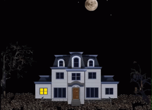 A Haunted House With A Full Moon In The Night Sky GIF