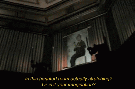 A Haunted Room With A Picture Of A Man Playing A Violin And The Words Is This Haunted Room Actually Stretching GIF