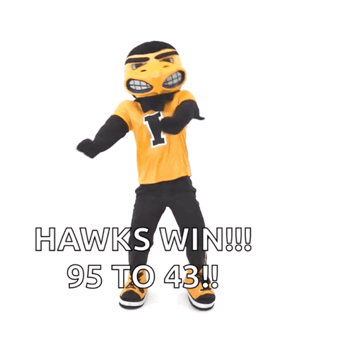 A Hawks Mascot Dancing With The Words Hawks Win 95 To 43 Below Him GIF