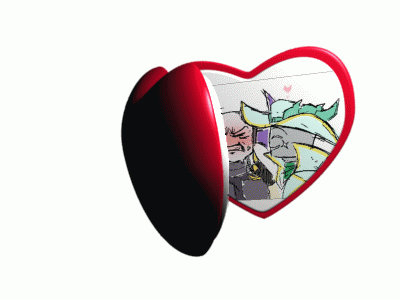 A Heart Shaped Mirror With A Drawing Of A Man And A Unicorn On It GIF