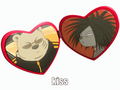 A Heart Shaped Mirror With A Picture Of A Bear And A Picture Of A Hedgehog With The Word Kiss Below Them GIF