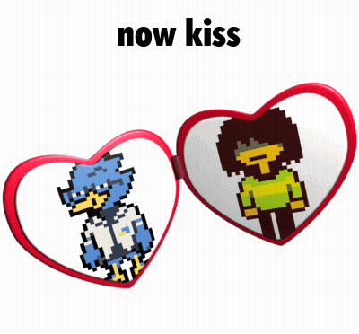 a heart shaped mirror with a pixel art of a blue bird and a pixel art of a man
