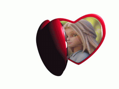 A Heart Shaped Mirror With Two Pictures Of Cartoon Characters GIF