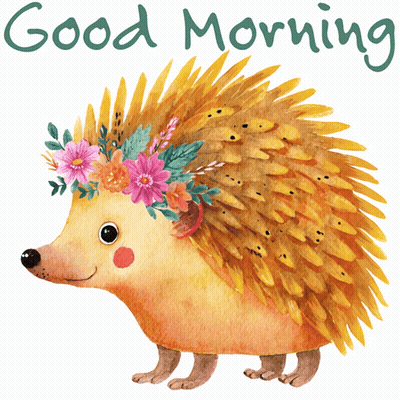 A Hedgehog With A Flower Crown On Its Head And The Words Good Morning Below It GIF