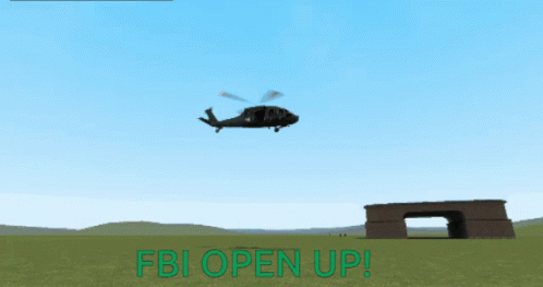 A Helicopter Flies Over A Field With The Words Fbi Open Up GIF