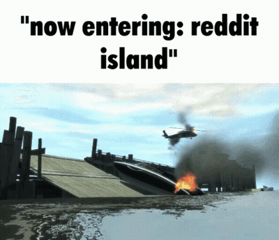 A Helicopter Is Flying Over A Burning Building With The Words " Now Entering Reddit Island " GIF