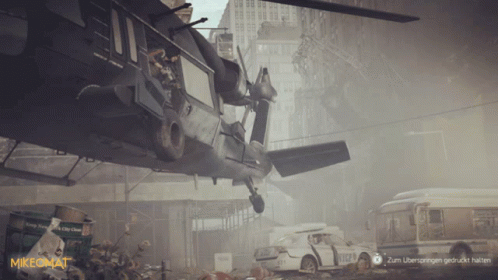 A Helicopter Is Flying Over A City With The Words Zum Überspringen Gedruckt Halten On The Bottom Right GIF