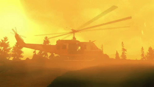A Helicopter Is Flying Over A Forest With A Yellow Background GIF