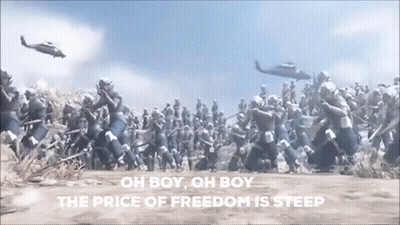 A Helicopter Is Flying Over A Large Group Of Soldiers With The Words Oh Boy Oh Boy The Price Of Freedom Is Steep Below T GIF