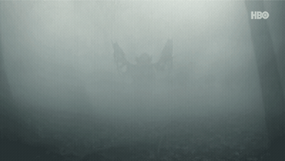 A Helicopter Is Flying Through A Foggy Forest With The Hbo Logo In The Background . GIF