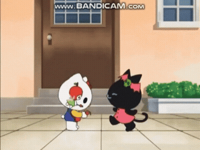 A Hello Kitty And A Black Cat Are Standing Next To Each Other On A Tiled Floor In Front Of A House . GIF